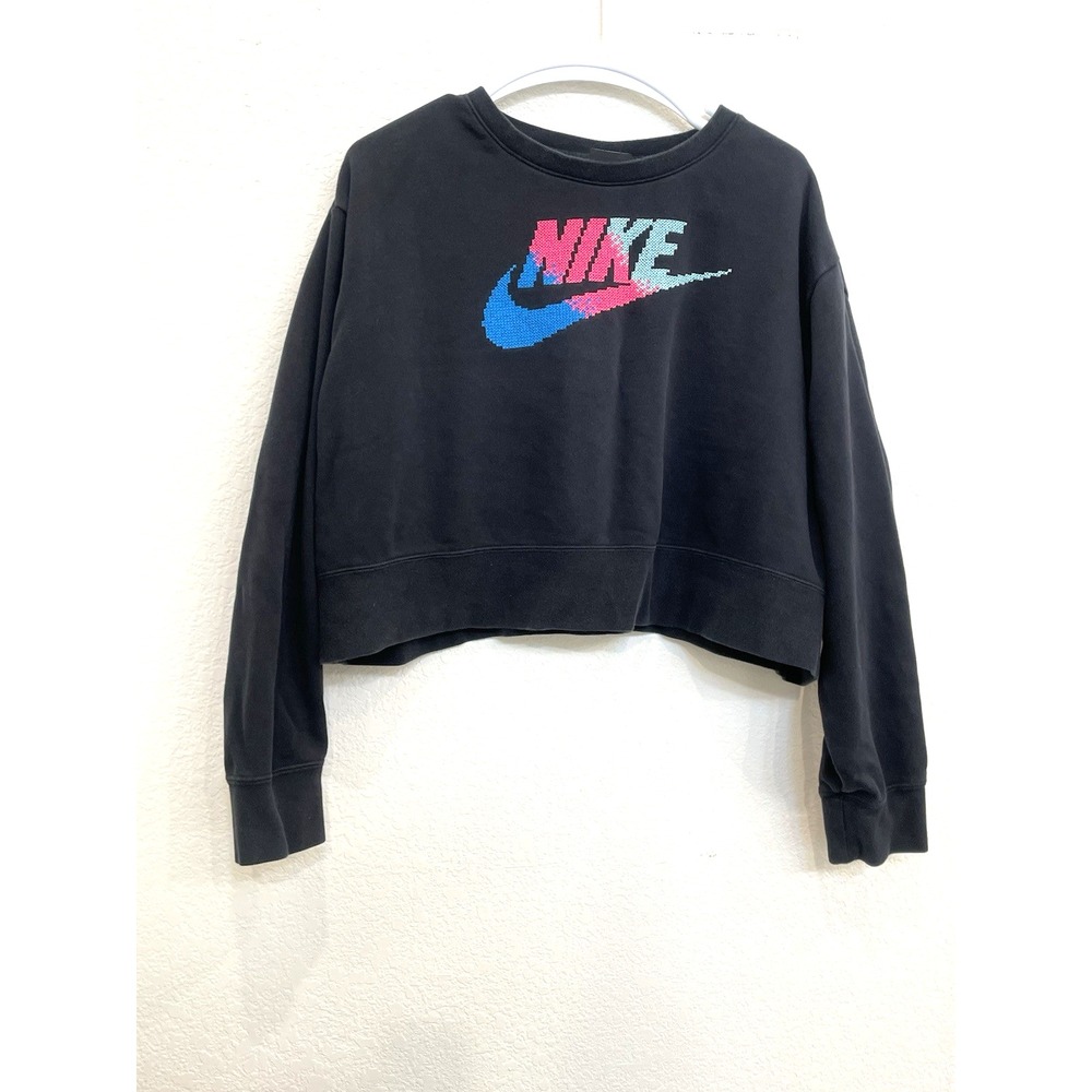Women's Nike Crop top Pullover Sweatshirt Size 1X‎ Black Logo Swoosh Athletic